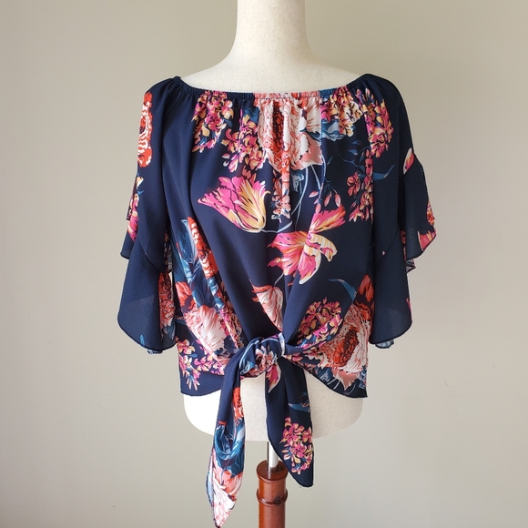 Floral Cropped Tie Front Vacation Top Off The Shoulder Medium - Picture 2 of 9